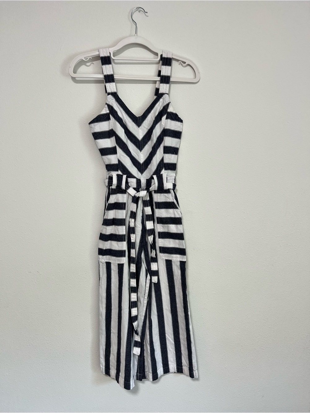 Derek Heart Striped Denim Blue and White Sleeveless Cotton Jumpsuit with Belt